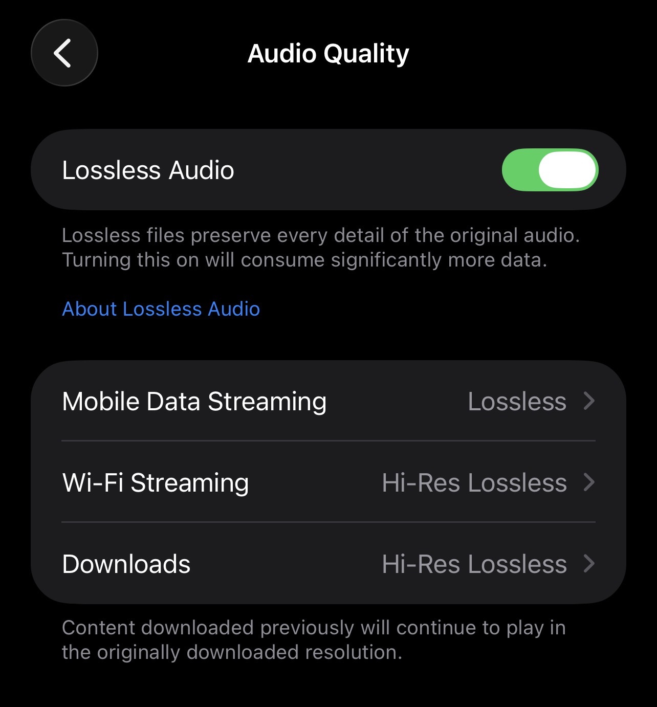 Apple Music Audio Quality settings on iPhone - Lossless Audio on, Mobile Data Streaming Lossless, Wi-Fi Streaming Hi-Res Lossless, Downloads Hi-Res Lossless