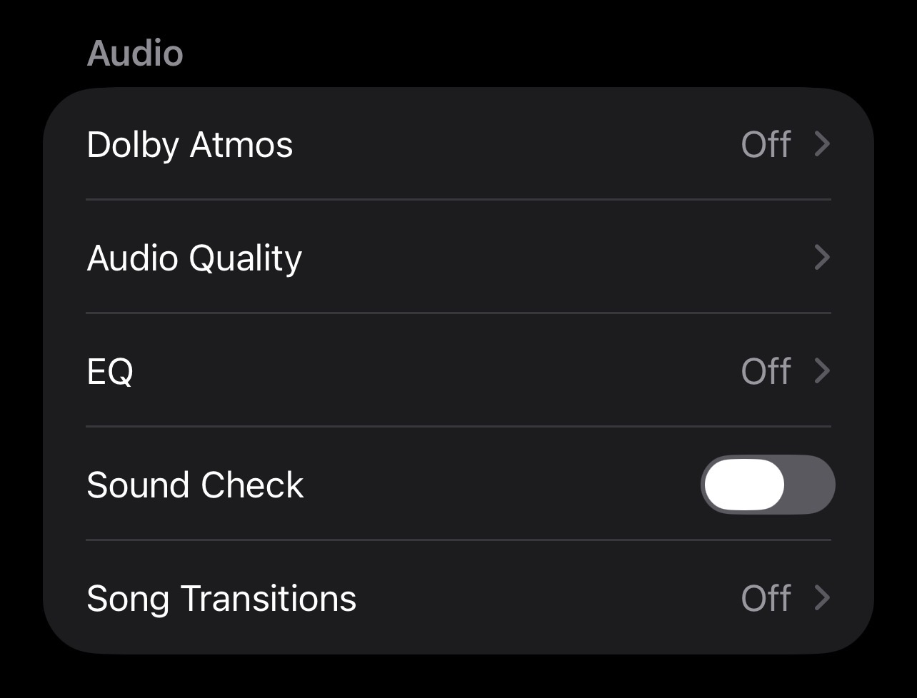 Apple Music Audio settings on iPhone - Dolby Atmos off, Audio Quality, EQ off, Sound Check off, Song Transitions off